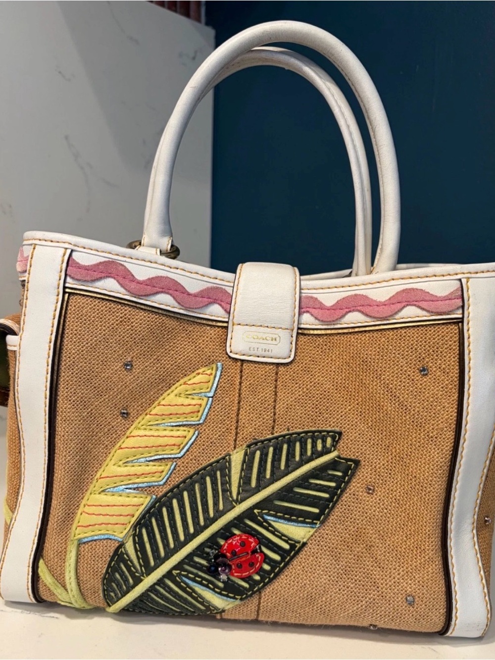 Coach Limited Edition Satchel Tropical Leaf Ladybug Appliqué Vintage RARE - Picture 6 of 14